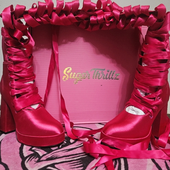 Sugar Thrillz: Heiress Request Hot Pink Thigh High Boots, Size 8, NIB Dolls Kill - Picture 2 of 16
